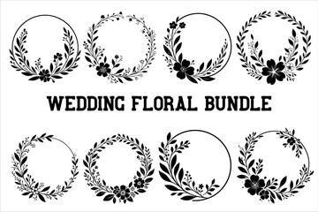 Fototapeta premium Floral round frames and plant silhouette Bundle for wedding. Frame Wedding Flower set on white background.
