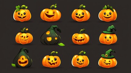 Fototapeta premium A set of 12 cartoon Halloween pumpkins with different facial expressions and accessories, including a witch's hat and a black pumpkin.
