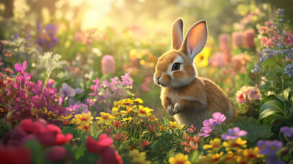 A rabbit hopping through a flower garden