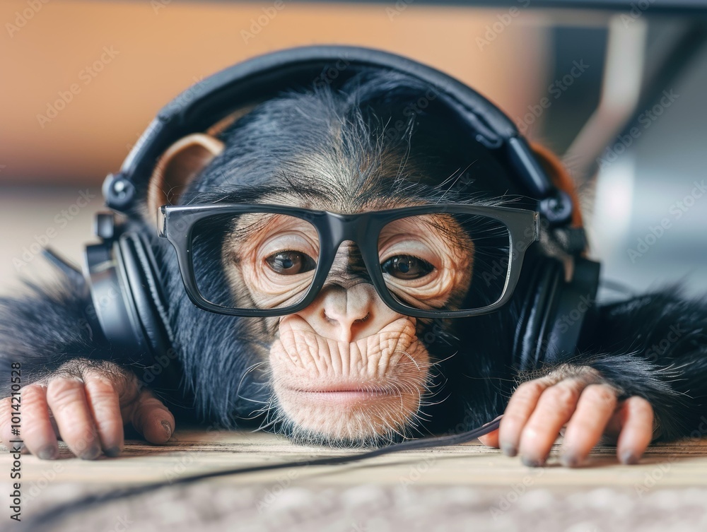 Poster A chimpanzee wearing headphones and glasses. AI.