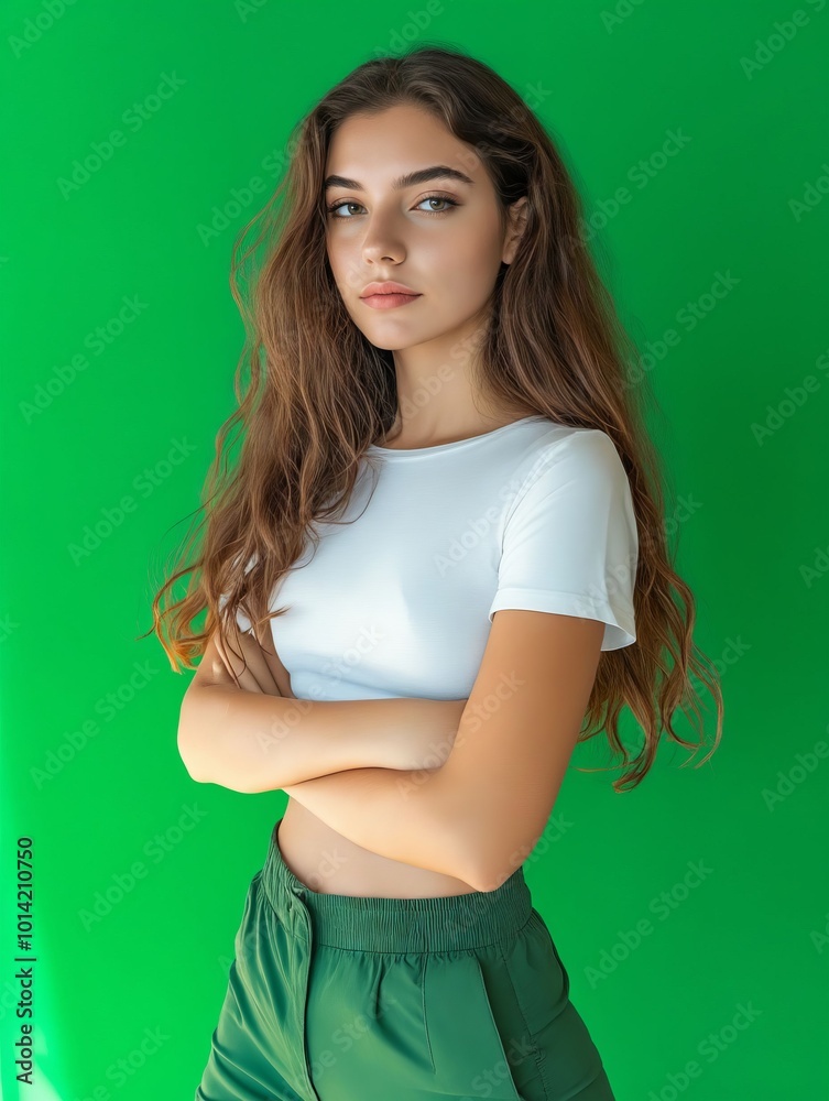 Sticker A woman in a white shirt and green pants posing for a picture