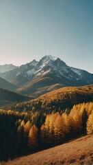 Obraz premium Picturesque autumn path leading to snow-capped mountain peaks