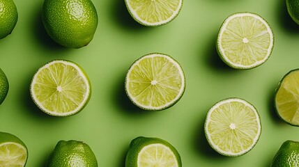Fototapeta premium Whole and Sliced Limes on a Green Background