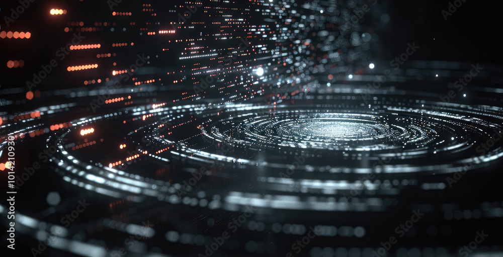 Poster floating data and digital graphics, on isolated black background.