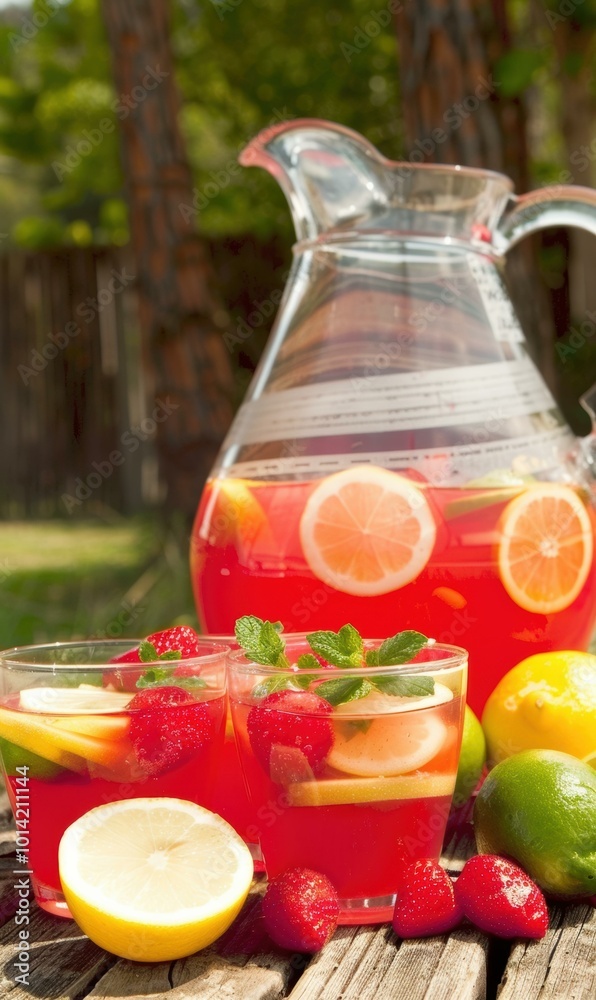 Poster Refreshing summer lemonade with strawberries, lemon, and lime. AI.