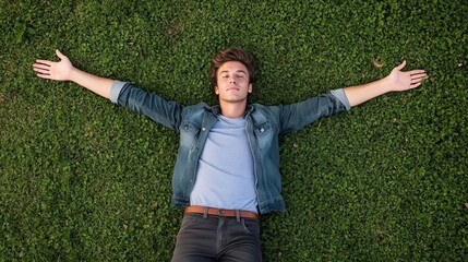 A young man laying on the grass with his arms outstretched