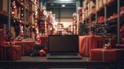 A workspace decorated for Christmas in a warehouse featuring a laptop with a blank screen surrounded by vibrant holiday gifts