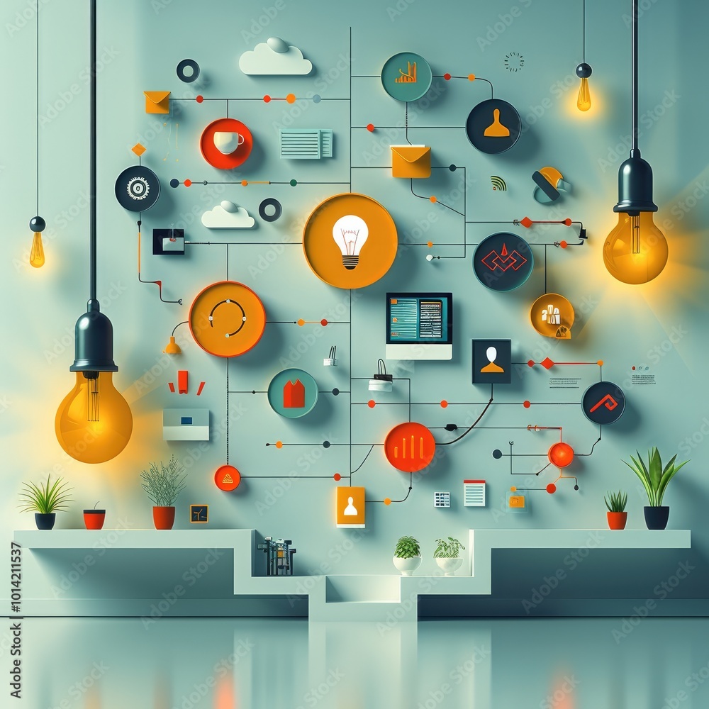 Poster a clean and minimalist graphic depicting tailored solutions for maximizing business success. icons r