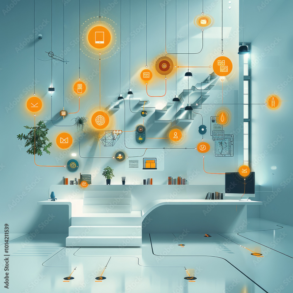 Poster a clean and minimalist graphic depicting tailored solutions for maximizing business success. icons r