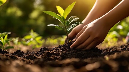 Fototapeta premium Hands planting a young plant in rich soil.