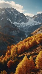 Lush autumn mountains with golden foliage and partly cloudy skies