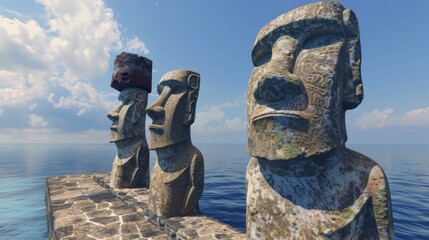 Mysterious Moai Statues on Remote Easter Island Overlooking the Pacific Ocean