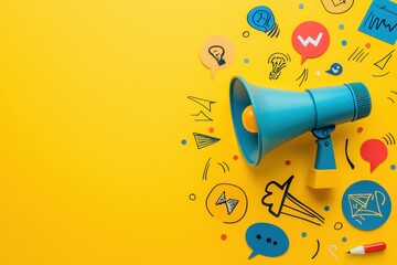 Colorful megaphone with speech bubbles on vibrant yellow background