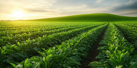 Naklejka premium A lush green field with neatly planted rows of crops stretches to the horizon under a partly cloudy sky at sunrise.