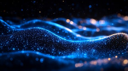 Abstract digital wave with glowing blue particles on a dark background.