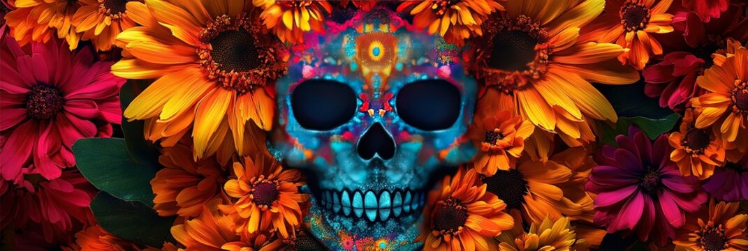 a dia de los muertos themed sugar skull with colorful orange, pink, and red flowers, 