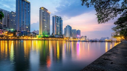 Fototapeta premium Cityscape with Reflections at Dusk