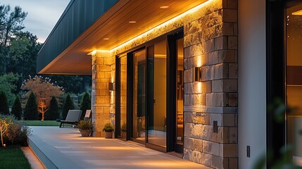 Exterior house entrance walls, surface mounted linear light on outside walls of house.