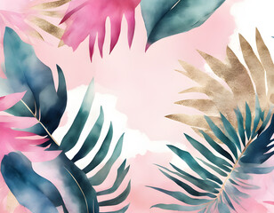 Fototapeta premium Pink palm leaves creative watercolor gilded background