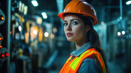 A woman in an orange safety vest and hard hat stands in an industrial setting with a focused expression, illuminated by the soft glow of control panel lights.