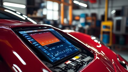 A close-up of a red car with a tablet displaying a graph on the dashboard.