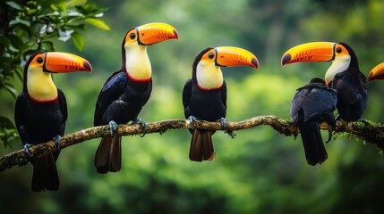 Fototapeta premium A group of toucans perched on a branch in a lush green rainforest.