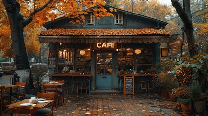 A cozy, vintage-style cafe with an autumnal atmosphere. is nestled under trees with bright orange and yellow fall leaves. There are small tables with chairs outside, surrounded by potted plants.