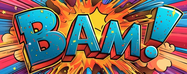 Colorful pop art background with "BAM!" inside. Comic book elements, Dynamic visuals, Bright vector