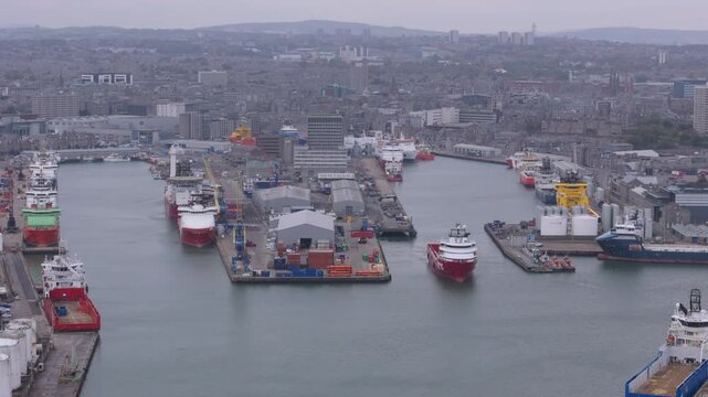 Aerial view over the harbour of Aberdeen, city in northern Scotland