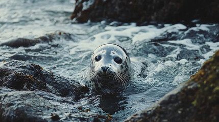 A playful seal swimming near a rocky shore