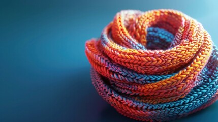 Obraz premium Close up of a handcrafted cozy knitted scarf made of soft woolen yarn in a spiral pattern with vibrant multicolored stripes against a solid blue background
