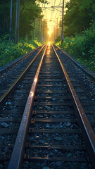 Fototapeta premium Image of railway tracks in foggy conditions anime style