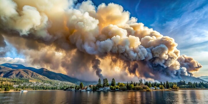 A dense cloud of smoke from a forest fire covering the skies above Skaha Lake in Penticton British Columbia, cloud, British Columbia, forest fire, Penticton,smoke, Skaha Lake
