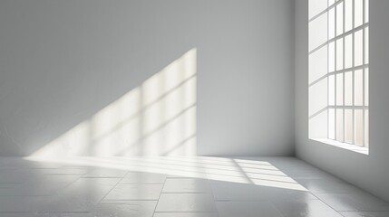 Fototapeta premium Bright spacious empty room with large window allowing natural light to cast shadow patterns on the clean minimalist white walls and tile floor Serene contemporary interior design with open