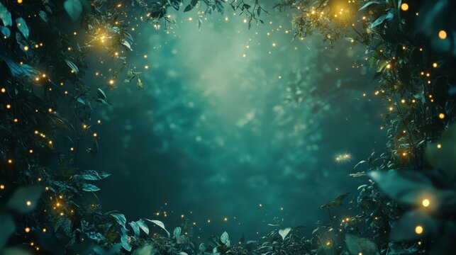 Mystical border of an enchanted forest with glowing fireflies, creating a magical backdrop for a midsummer night's dream sales ad, with space for text.