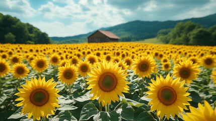 Fototapeta premium Sunlit Field of Blooming Sunflowers Under a Vibrant Sky