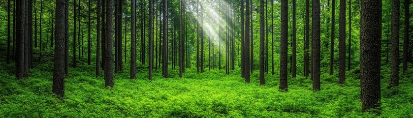 Obraz premium Lush green forest scene with tall trees and vibrant undergrowth, showcasing nature's beauty and serenity, perfect for evoking feelings of tranquility and harmony.