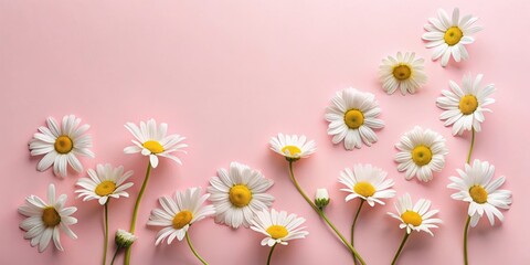 Fototapeta premium Dainty white daisies with yellow centers arranged on a soft pink background, creating a simple and elegant floral display
