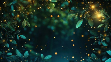 Mystical forest border with soft glowing fireflies, perfect for a midsummer night dream sales ad with enchanting hues and magical copy space.