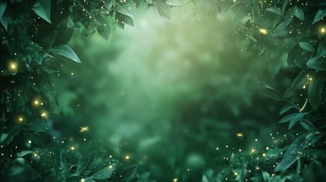 Mystical forest border with soft glowing fireflies, perfect for a midsummer night dream sales ad with enchanting hues and magical copy space.