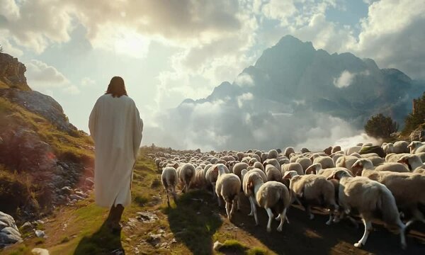 Jesus Christ herding sheep with a stick