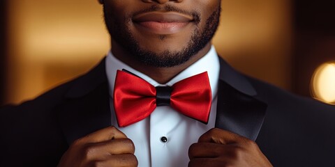 black man wearing black tuxedo with red bow tie 