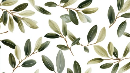Olive branches with sage green leaves arranged in a seamless pattern on a white backdrop, perfect for fabric or wallpaper designs.