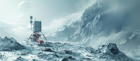 Obraz premium A futuristic robotic weather monitoring station stands amidst the frozen icy landscape of the Arctic The autonomous outpost collects data on the powerful storm system raging across the remote
