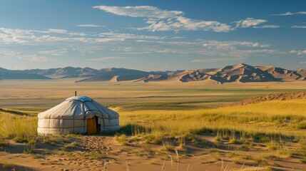 Serene Desert Landscape with Solitary Camping Yurt in Remote Wilderness