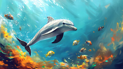 Fototapeta premium A playful dolphin swimming with a group of fish