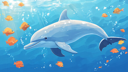 A playful dolphin swimming with a group of fish