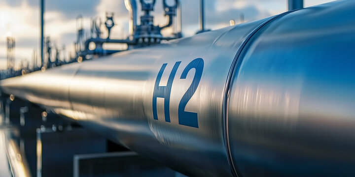 Massive hydrogen pipelines with H2 labels in a large-scale industrial facility, showing modern energy infrastructure.