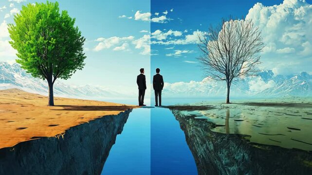 Two men stand on a cliff overlooking a divided landscape, one side lush and green, the other dry and barren