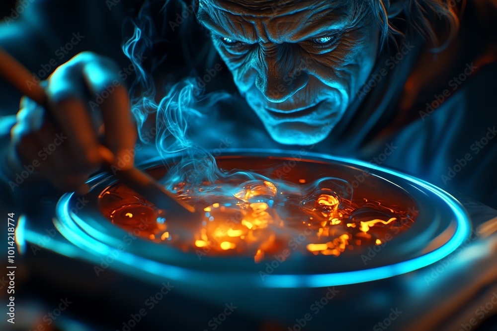 Poster hyper-detailed image of a witch stirring a cauldron, with swirling smoke and glowing potions casting